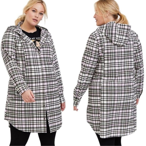 torrid Jackets & Blazers - Torrid Flannel Hooded Anorak Coat Pink Ivory Black Plaid Jacket Women’s Size 0X